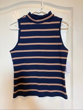Sonoma Navy and Tan Striped Ribbed Mock Neck Tank